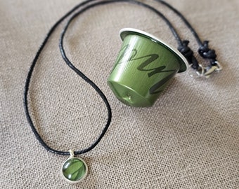 Eco Friendly Khaki Green Pendant on Cotton Cord, Handmade from Coffee Pods, Recycled Material, Unisex Gender Neutral, Sustainable Eco Gift