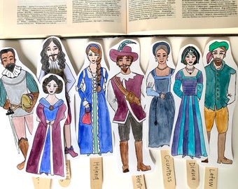 Bundle of &quot;All&#39;s Well That Ends Well&quot; Shakespeare popsicle puppets: watercolored and color-your-own