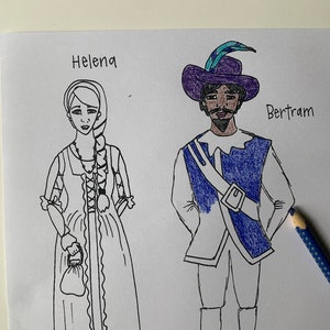 Peut inclure: Un dessin en noir et blanc de deux personnes, une femme nommée Helena et un homme nommé Bertram. Helena porte une longue robe avec un corsage en dentelle et un petit sac. Bertram porte une tenue bleu et blanche avec un chapeau violet et une plume.
