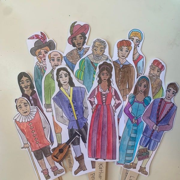 Bundle of "The Taming of the Shrew" Shakespeare popsicle puppets: color-your-own AND watercolored.