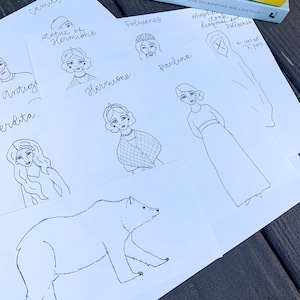 May include: A set of printable paper cutouts featuring characters from Shakespeare's play, The Winter's Tale. The characters include Hermione, Paulina, Polixenes, Antigonus, Perdita, and Camillo. The cutouts are black and white line drawings on white paper.