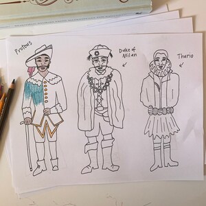 May include: A black and white line drawing of three characters from Shakespeare's play, The Two Gentlemen of Verona. The characters are labeled "Proteus", "Duke of Milan", and "Thurio".