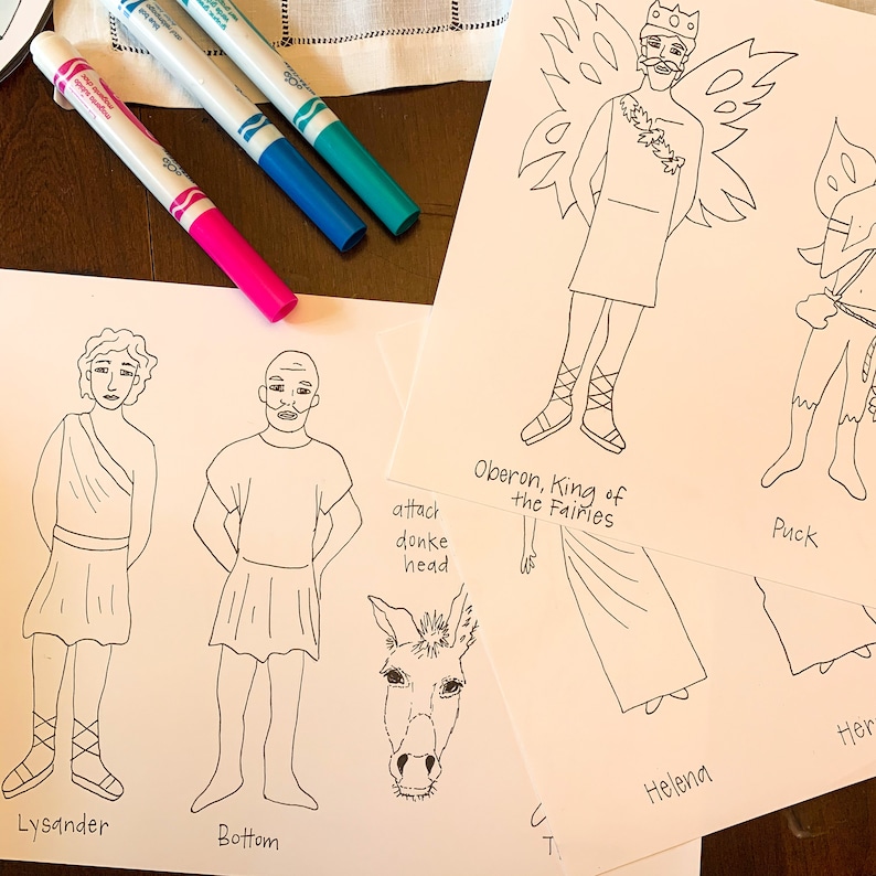 Bundle of A Midsummer Night’s Dream Shakespeare popsicle puppets: water colored and color-your-own image 5