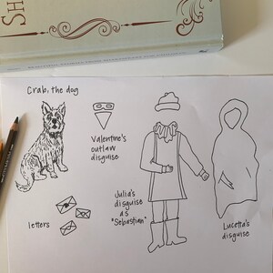 May include: A black and white hand-drawn illustration of a dog, three envelopes, a masked figure, a person wearing a hat and coat, and a hooded figure. The text "Crab, the dog", "Valentine's outlaw disguise", "Julia's disguise as "Sebastian"", "letters", and "Lucetta's disguise" is included in the image.