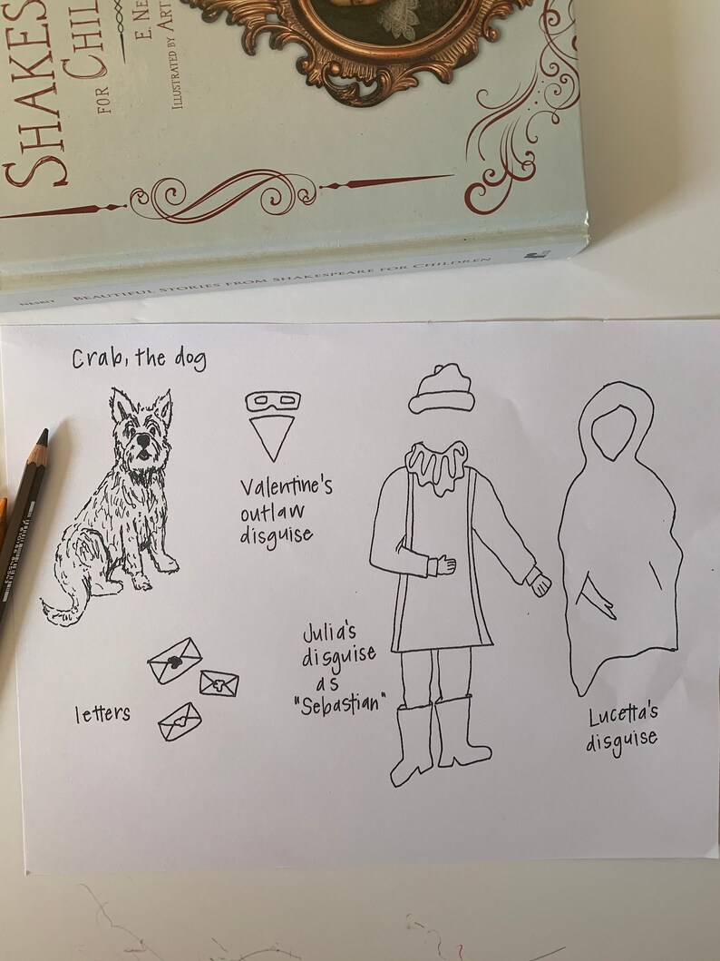 May include: A black and white hand-drawn illustration of a dog, three envelopes, a masked figure, a person wearing a hat and coat, and a hooded figure. The text "Crab, the dog", "Valentine's outlaw disguise", "Julia's disguise as "Sebastian"", "letters", and "Lucetta's disguise" is included in the image.