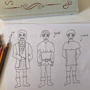 May include: Black and white line drawing of three characters from Shakespeare's play, 'Two Gentlemen of Verona'. The characters are Valentine, Speed, and Lance. The drawing is on a white sheet of paper.