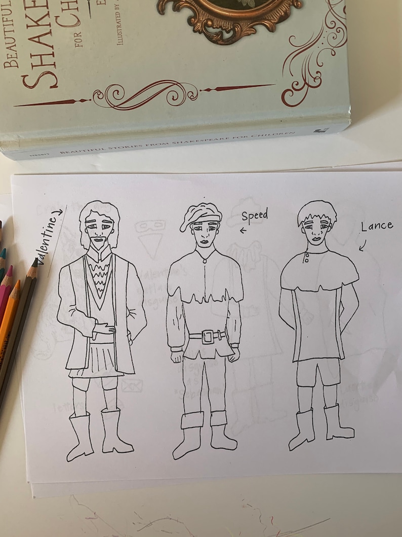May include: Black and white line drawing of three characters from Shakespeare's play, 'Two Gentlemen of Verona'. The characters are Valentine, Speed, and Lance. The drawing is on a white sheet of paper.