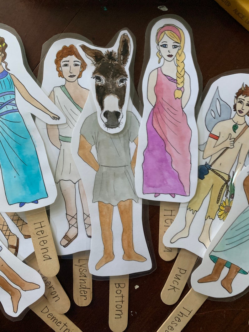Bundle of A Midsummer Night’s Dream Shakespeare popsicle puppets: water colored and color-your-own image 3