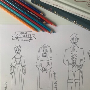 May include: A black and white line drawing of characters from the play Romeo and Juliet. The characters include Juliet, Juliet's nurse, and Tybalt. The drawing is on a white background with the title "The Capulets (+ friends)" at the top.