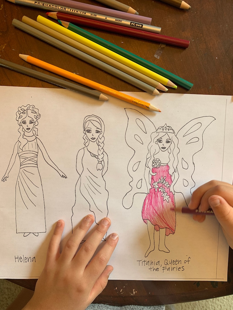Bundle of A Midsummer Night’s Dream Shakespeare popsicle puppets: water colored and color-your-own image 4