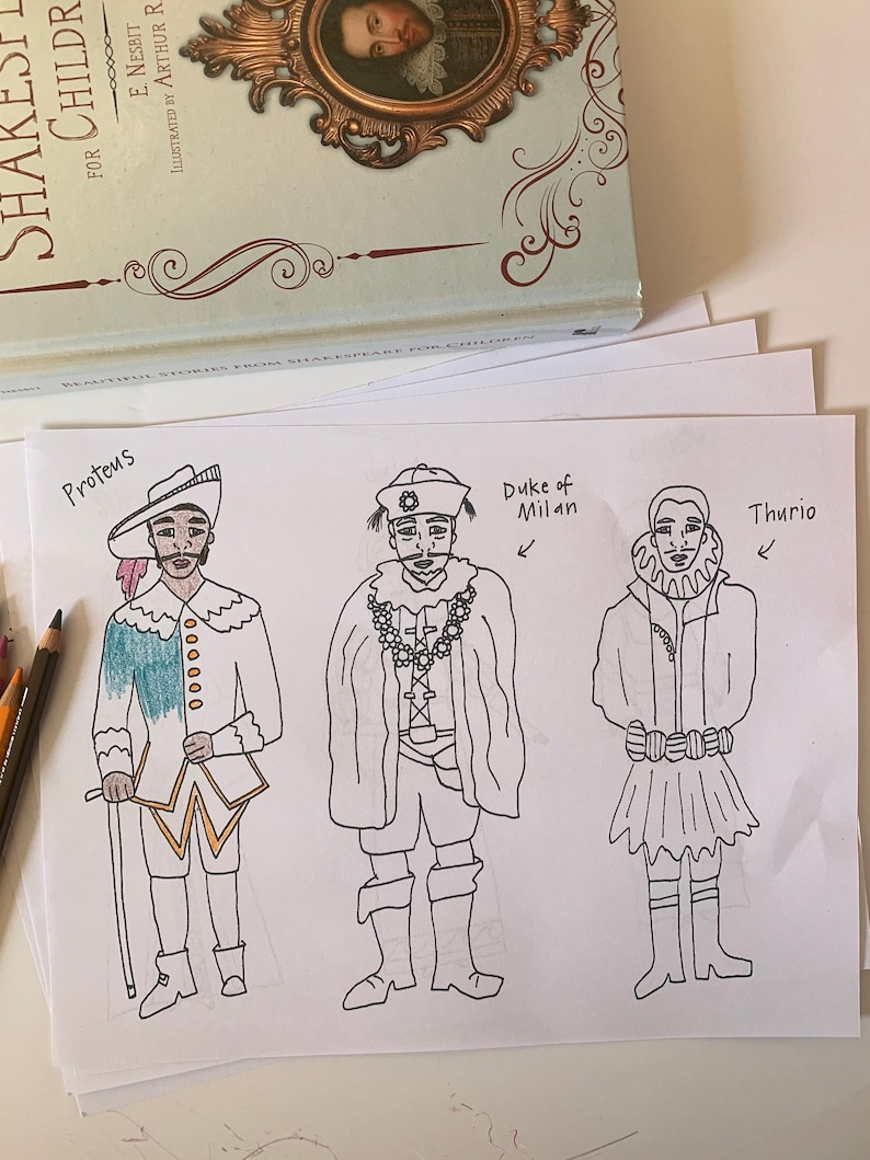 May include: A black and white line drawing of three characters from Shakespeare's play, The Two Gentlemen of Verona. The characters are labeled "Proteus", "Duke of Milan", and "Thurio".