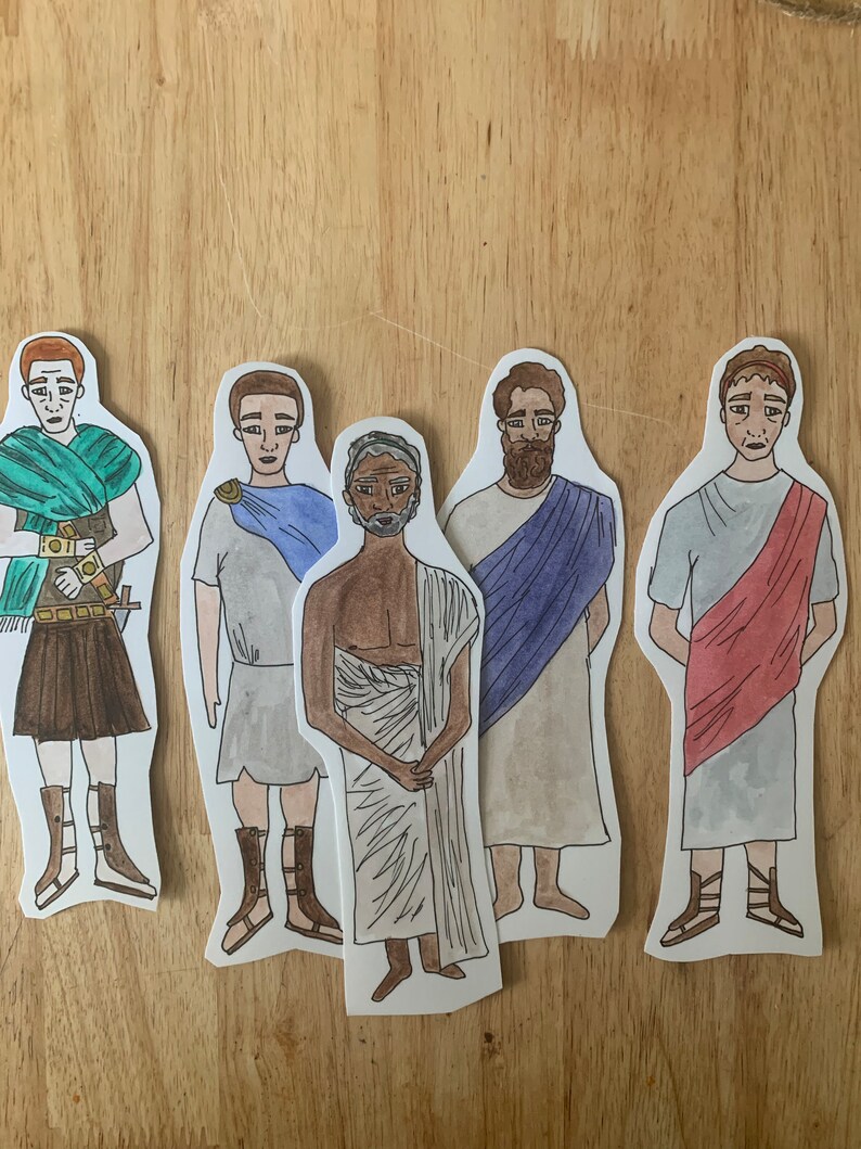 May include: Five paper cut-outs of men wearing different styles of clothing. The men are drawn in a cartoon style with watercolour paint. The men are wearing a variety of colours, including green, blue, red, and brown.