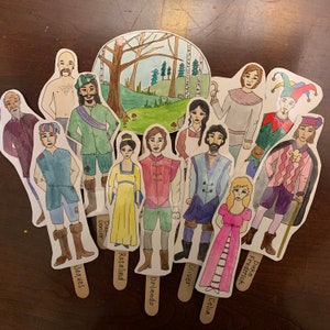 Bundle of "As You Like It" popsicle puppets: watercolored and color-your-own