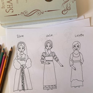 May include: Black and white line drawing of three women, Silvia, Julia, and Lucetta, in Renaissance-era clothing. The drawing is on a white sheet of paper.