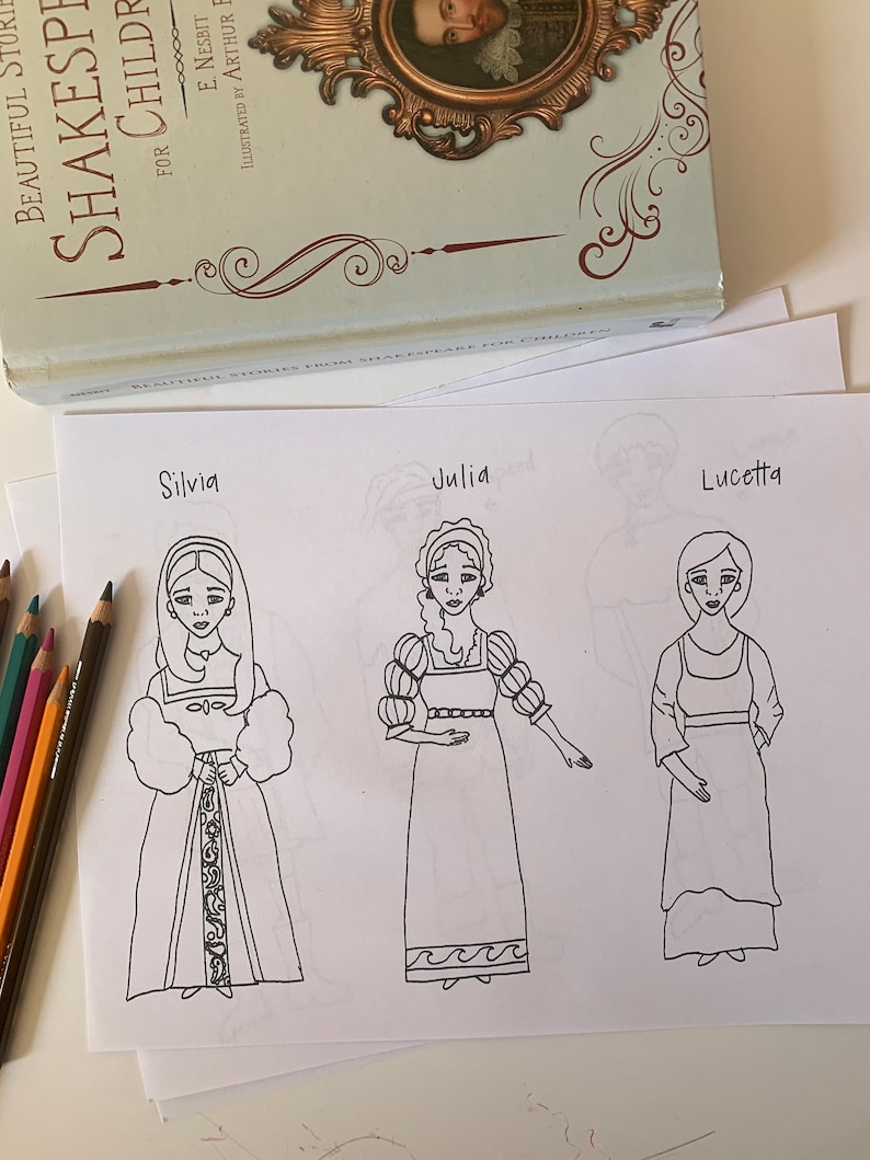 May include: Black and white line drawing of three women, Silvia, Julia, and Lucetta, in Renaissance-era clothing. The drawing is on a white sheet of paper.