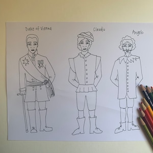 May include: A black and white line drawing of three characters from Shakespeare's Measure for Measure. The characters are Duke of Vienna, Claudio, and Angelo. The drawing is on a white background.