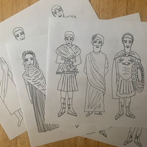 May include: Black and white line drawings of people wearing different types of clothing. The drawings are on white paper.