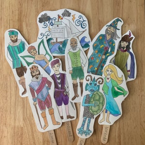Bundle of The Tempest Shakespeare popsicle puppets: watercolored and color-your-own