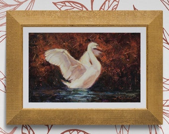 White swan Small oil painting Original handmade artwork Wall art bird Oil painting on panel Animal painting Plein air painting Lake view