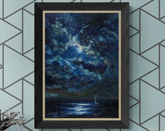 Moon oil painting original, night sky painting, Small oil painting, Cloud moon art, Night Landscape, Signed oil painting