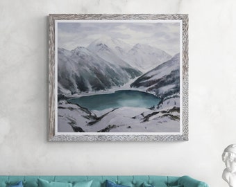 Mountain lake Original painting Large canvas art Winter landscape Snow painting Impressionism art Mountain painting