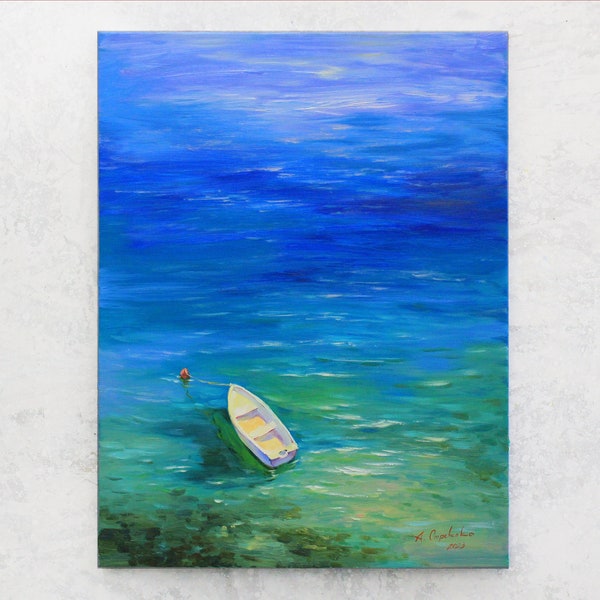 Sea boat from above Bright blue colors Landscape painting on canvas Original oil painting Signed seascape painting Art for living room
