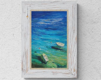 Sea boats from above Seascape painting Small oil painting Original artwork Beach wall art Oil painting California painting Beach lovers gift