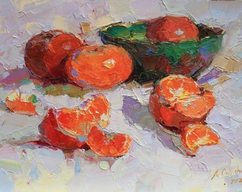 Tangerine painting Impressionism Kitchen wall decor Oil painting original Wall art fruit Original still life Bright orange white