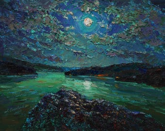 月 暗い絵 月の道 夜の風景 夜の海 暗い水 月の風景 月光 小さな絵