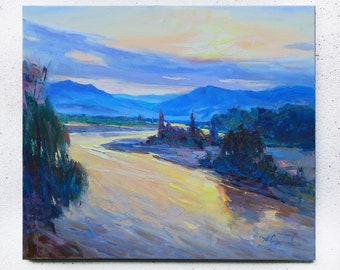 Mountain sunset art, river sunset oil painting, river artwork, signed oil painting, river flow painting, one-of-a-kind gift