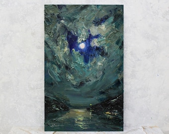 Moon oil painting original, night sky painting, Small oil painting, Cloud moon art, Night Landscape, Signed oil painting