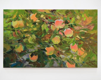 小さな油絵、オリジナルアート作品、リンゴの油絵、果物の静物油絵