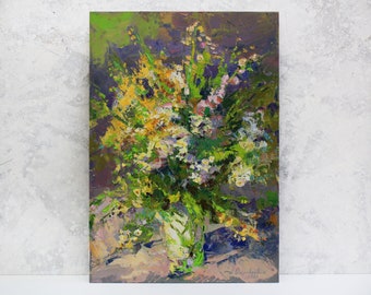 Wild flowers in vase painting Wall decor floral still life Oil painting original Palette knife Impressionism Oil on panel Plein air painting
