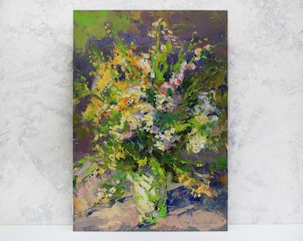 Still life with wild flowers - impressionist impasto painting, flowers in vase, small painting, Green artwork