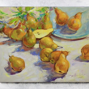 Fruit still life with Pears - Kitchen still life Original rustic artwork Fruit wall art