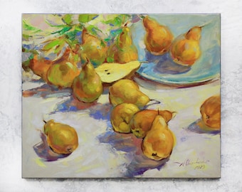 May include: A still life painting of a bowl of pears on a white tablecloth. The pears are yellow and green and are arranged in a cluster. The painting is done in a realistic style and has a warm, inviting feel.