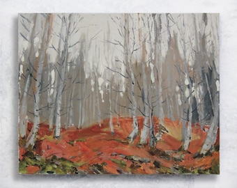 Forest painting - Landscape painting Original artwork Autumn forest art Impressionism Wall art Grey Orange art Beech forest Aspen forest