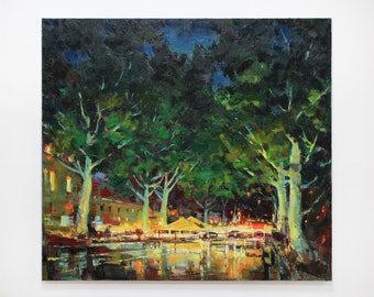Night cityscape - original impasto landscape painting textured Oil painting night street, Old town on canvas