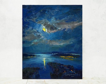 Moon oil painting original, night sky painting, Small oil painting, Cloud moon art, Night Landscape, Signed oil painting