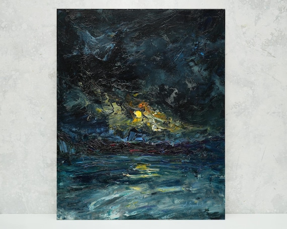 月明かりの海景 - 夜のオリジナル油絵、暗い海の風景、夜空の絵