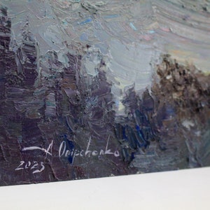 May include: Original oil painting on canvas. The artwork depicts a landscape with a forest and a cloudy sky. The color palette includes shades of gray, blue, and brown. Signed by the artist A. Onipchenko, with the year 2023.