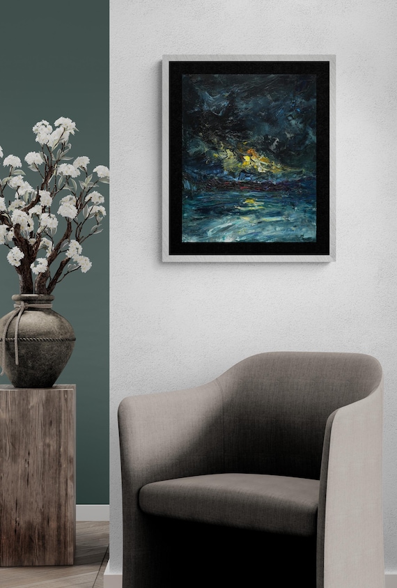 月明かりの海景 - 夜のオリジナル油絵、暗い海の風景、夜空の絵