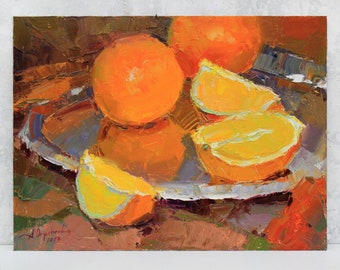 Fruits on a tray Orange painting Wall decor fruits Original still life Bright yellow brown Palette knife art Impressionism Oil on panel