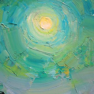 May include: Abstract painting with a swirling green and blue background and a yellow sun in the center.