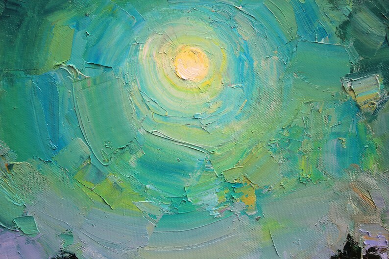 May include: Abstract painting with a swirling green and blue background and a yellow sun in the center.