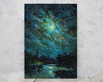 Moon oil painting original, night sky painting, spooky Landscape, gothic artwork, halloween painting, Signed oil painting