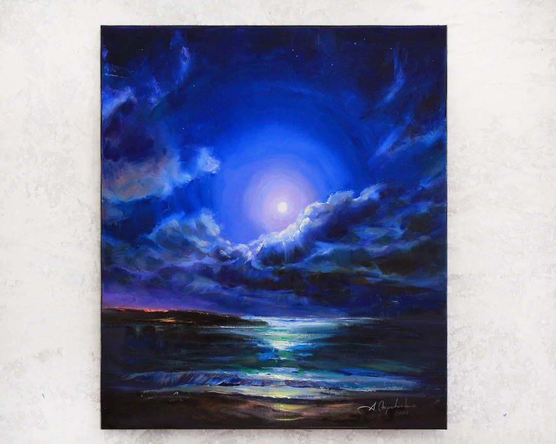 Full Moon and Clouds Painting Night Sky Landscape Moon Oil Painting ...