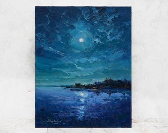 Moon oil painting original, night sky painting, Small oil painting, Cloud moon art, Night Landscape, Signed oil painting