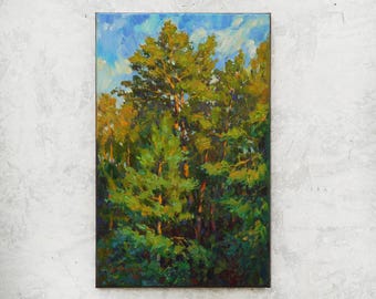 Pine forest painting - Wall art trees Original painting Plein air painting on canvas Forest landscape Impressionist art