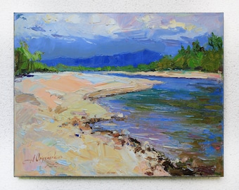 Plein air painting Riverside landscape beach painting Original oil painting Landscape painting Mountain river landscape Oil on canvas